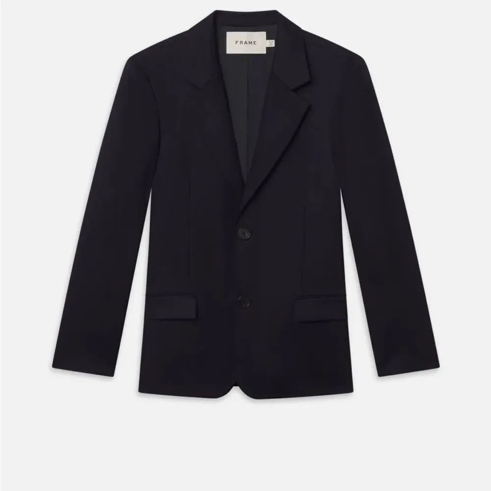 Frame Denim Dark Navy Wool Notch Lapel Button Closure Blazer Jacket Office Work
